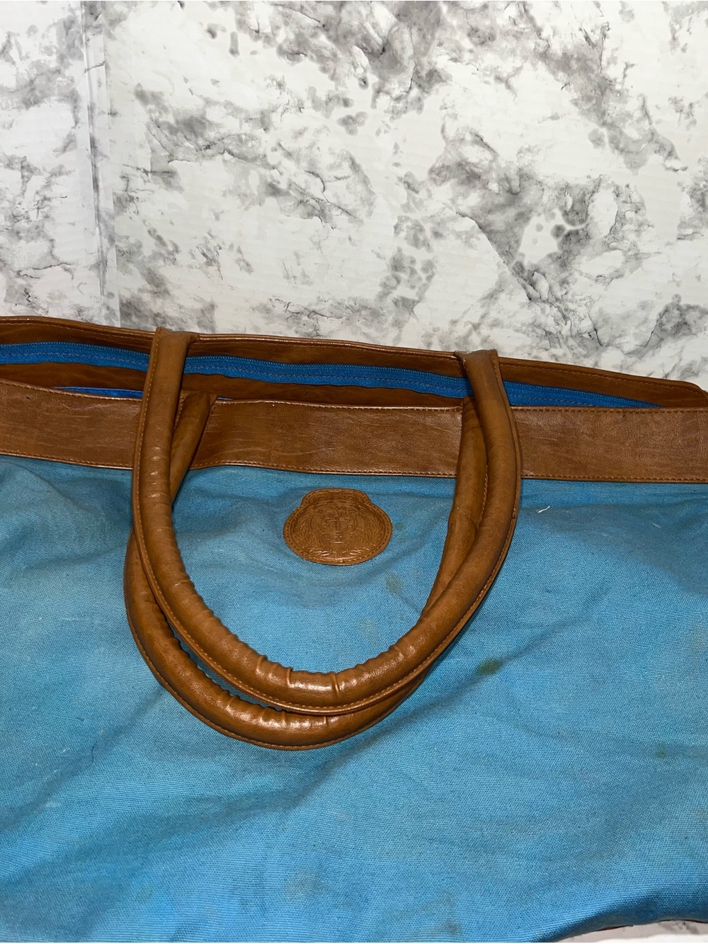 Large vintage Avon Classic Blue Canvas Tote with Brown Trim released 70s/80s